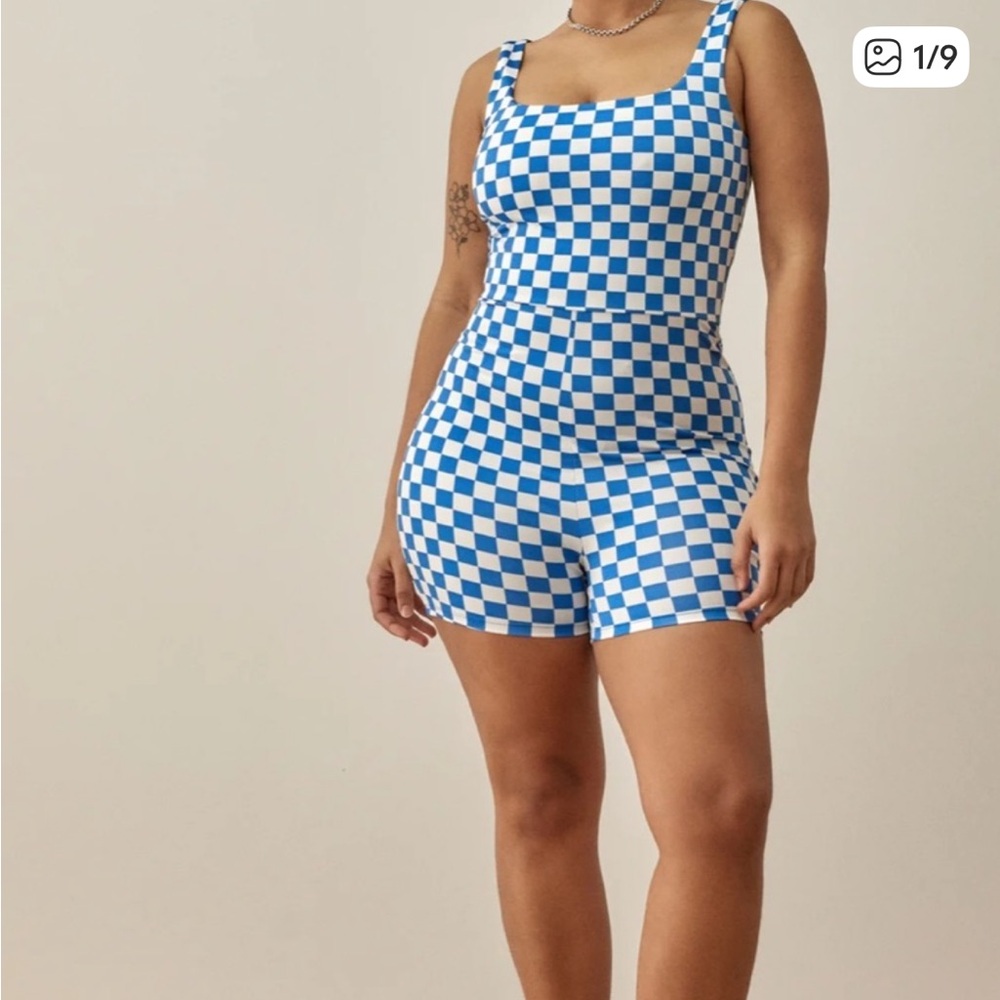 RARE 💎 NWT Reformation Liv Ecomove Cutout Jumpsuit in Blue Checkerboards